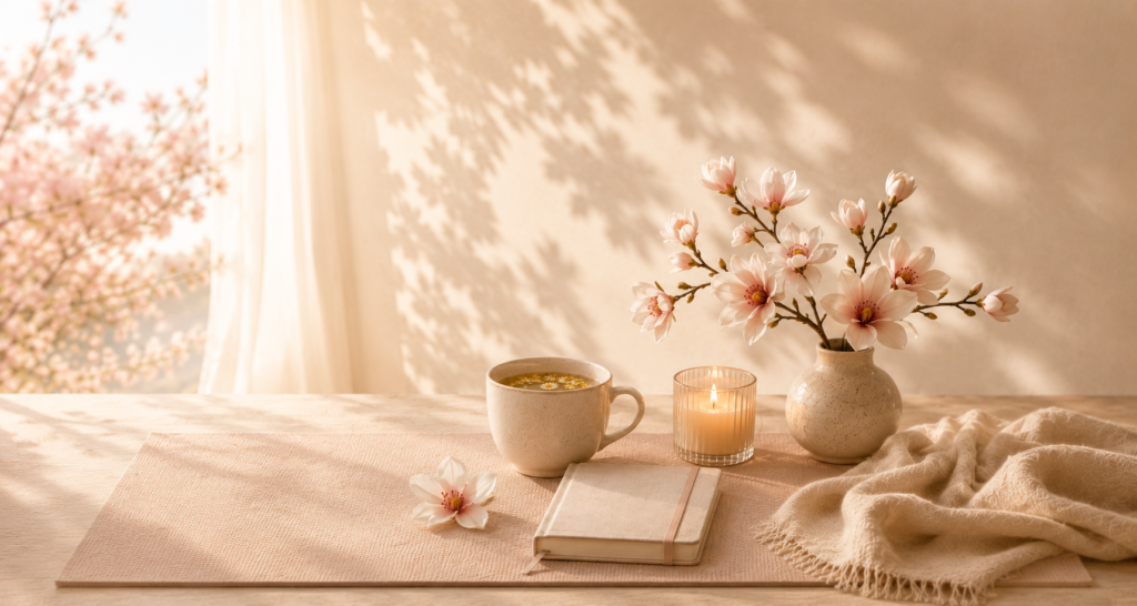 10 sanfte Rituale für mehr Ruhe und ein entspanntes Nervensystem Ruhige Self-Care-Szene mit Yogamatte, Tee und Kerze