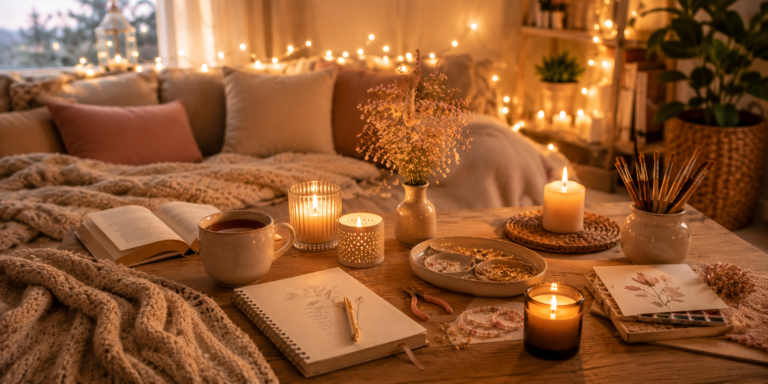 Gemütlicher Abend zuhause mit Buch, Kerzen und kreativen Hobbys
