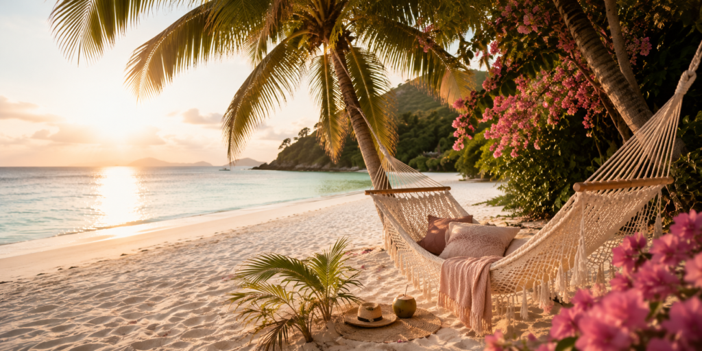 Hängematte an einem tropischen Strand bei Sonnenuntergang – Slow Travel