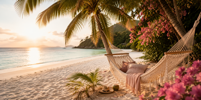 Hängematte an einem tropischen Strand bei Sonnenuntergang – Slow Travel