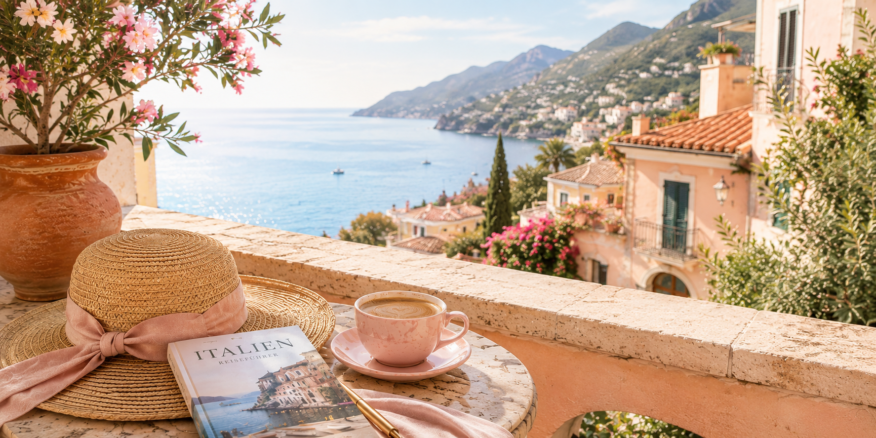 Slow Travel an der italienischen Küste – mediterrane Terrasse mit Meerblick, Kaffee und Reiseführer