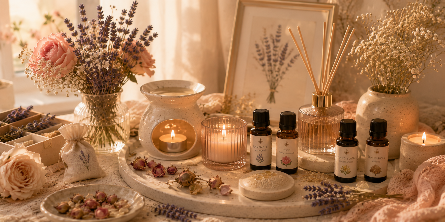 Duft-Ritual mit Kerze, ätherischen Ölen und Blüten