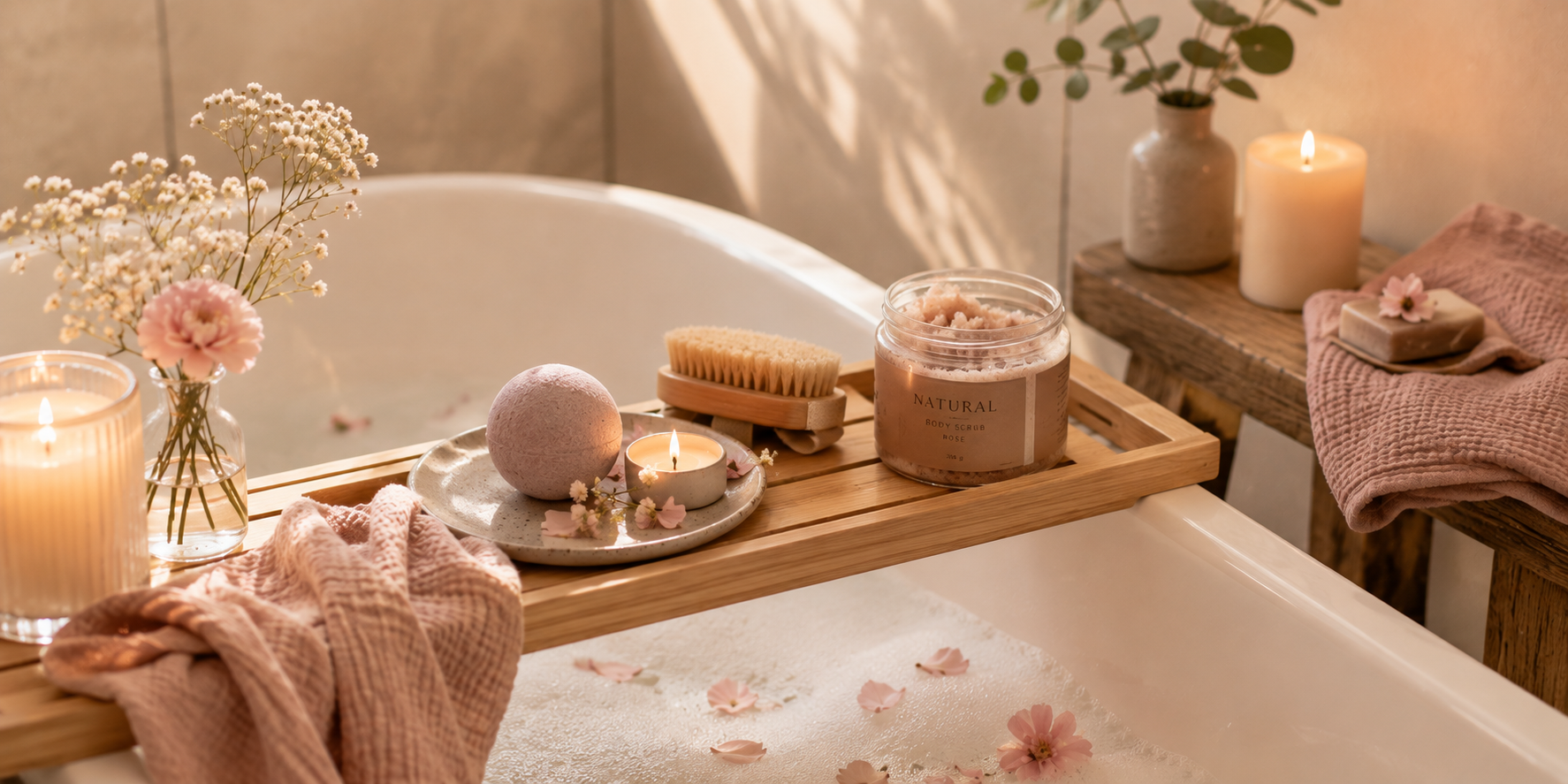 Gemütliches Wellness-Ritual für zuhause mit Kerzen und Pflegeprodukten