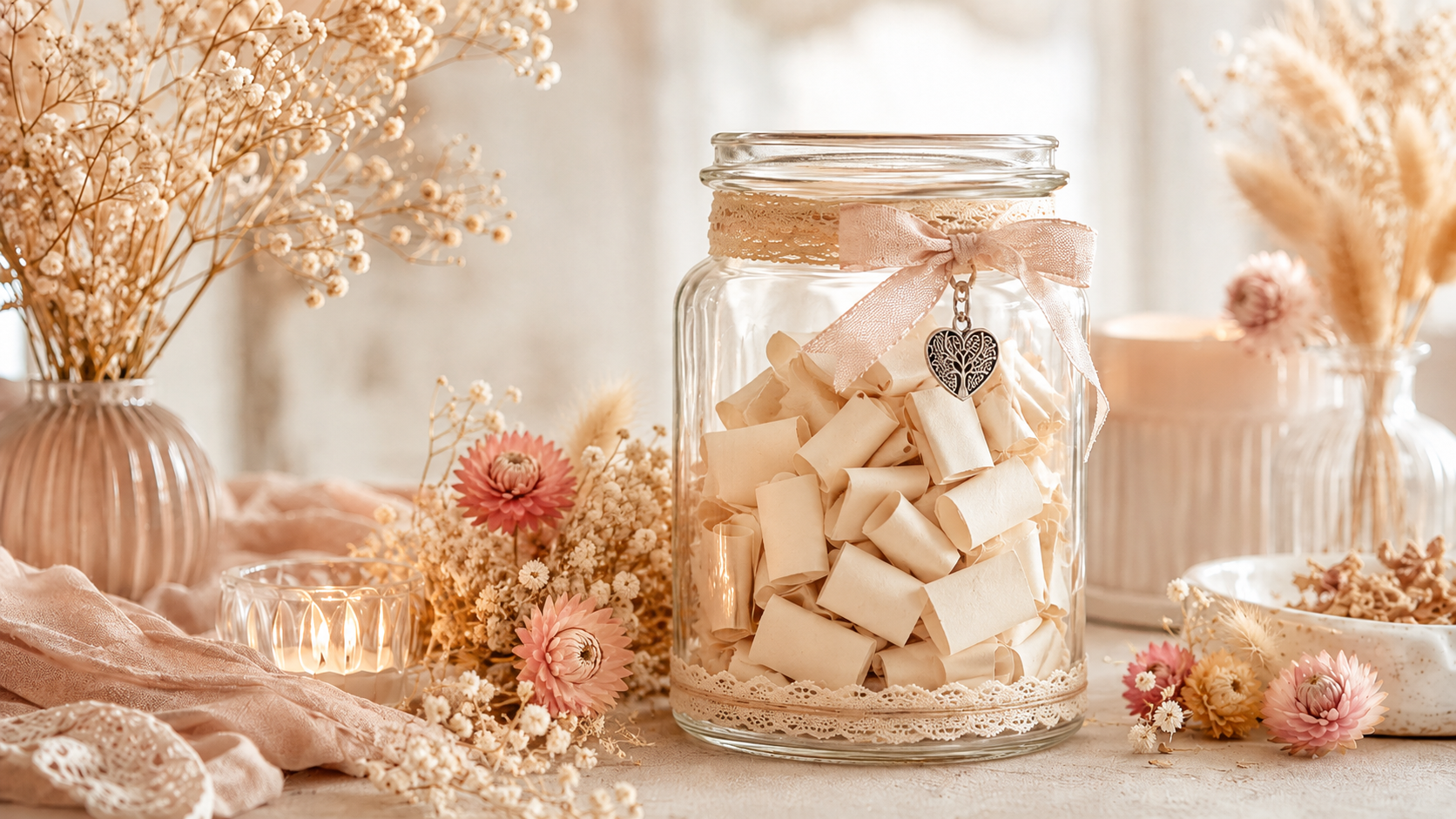 Dekoriertes Lichtblick-Glas mit kleinen Zetteln und Trockenblumen