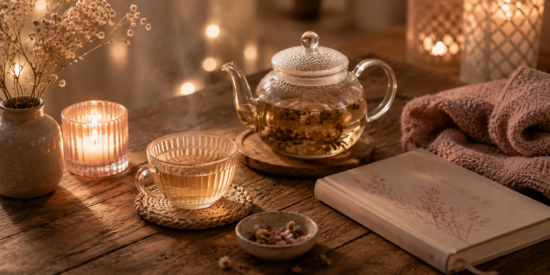 Tasse Abendtee mit Kerze in gemütlicher Abendstimmung